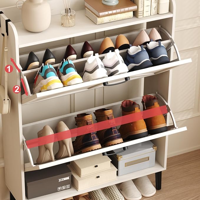 HOMEFORT Shoe Storage Cabinet for Entryway, Slim Shoe Organizer with Two Flip Drawers, Narrow Shoe Holder with Wood Legs, Farmhouse Hidden Shoe Cabinet for Front Door Entrance,Antique White