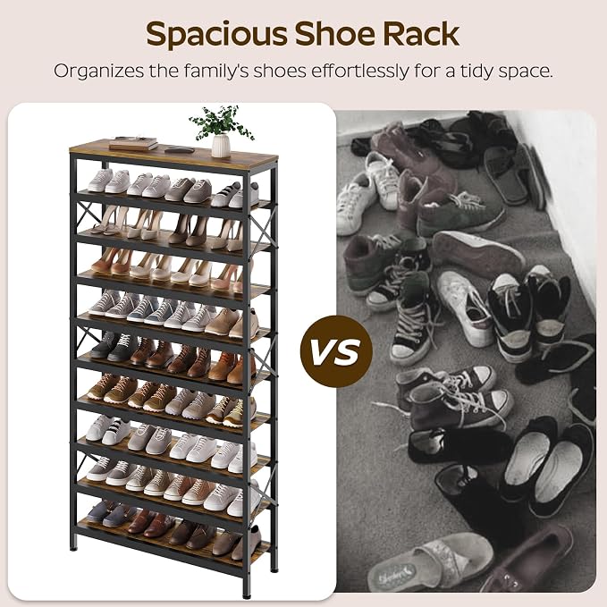 YATINEY 10-Tier Tall Shoe Rack Organizer, Wooden Shoe Storage for Closet Holds 40 Pairs, Sturdy Shoe Shelf with X-Shaped Metal Support, for Entryway, Bedroom, Rustic Brown and Black SS210BR