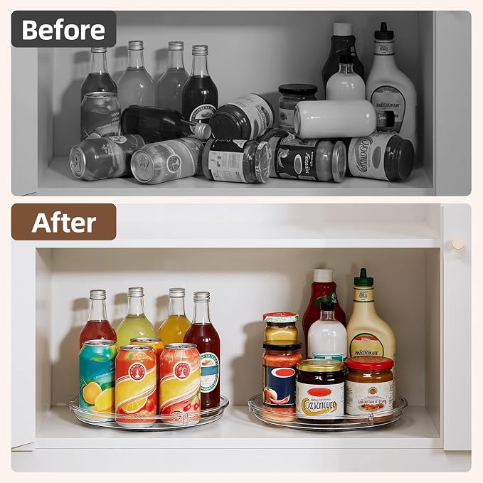 LAMU 2 Pack Lazy Susan Organizer, 9'' Clear Lazy Susan Turntable for Cabinet, Fridge, Kitchen, Pantry, Countertop, Table Top, Refrigerator Organizers and Storage, Seasoning and Spice Organizer