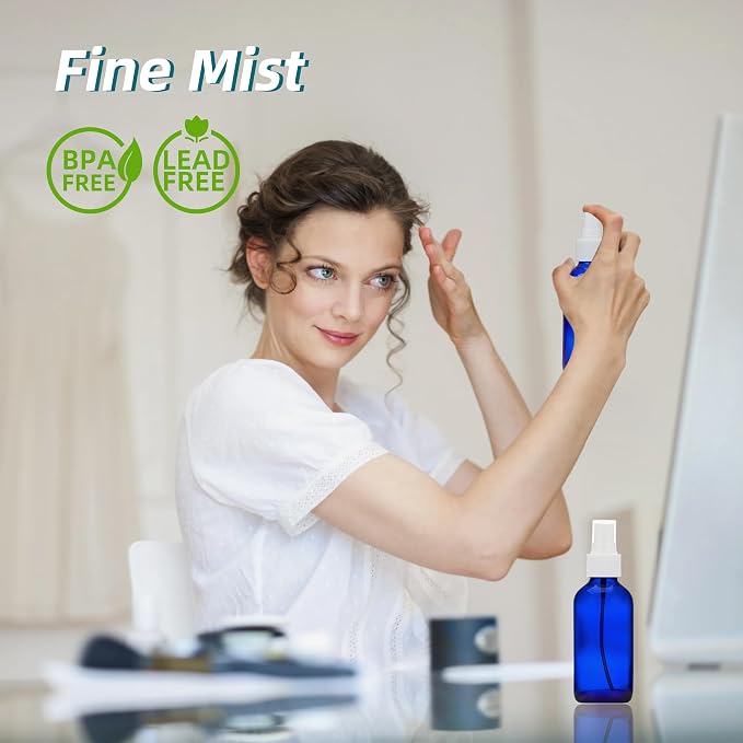 Cobalt Blue Glass Spray Bottles 4 oz, Small, Fine Mist, 4 Pack | For Essential Oils, Facial Care, Hair Care, Perfumes, Plants, Room Sprays, Travel, Cleaning Solutions