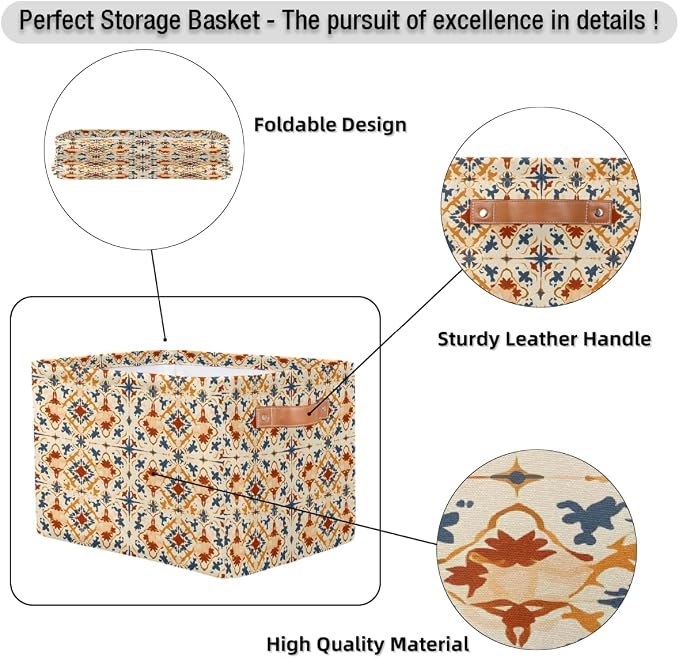 Rectangle Storage Baskets for Shelves, Blue Orange Tribal Floral Storage Cube Organizer Bins Collapsible Toy Basket for Nursery Home Room