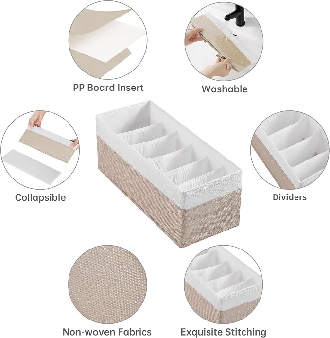 3 Packs Fabric Belt Organizer, 6 Grids Belt Organizer for Closet and Drawer, Foldable Dresser Drawer Organizers,Tie Storage -Beigewhite