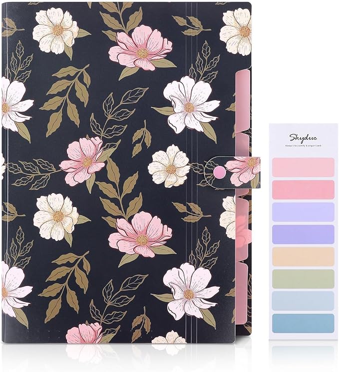 SKYDUE Accordion File Organizer, Floral Expanding File Folders with 5 Pockets, Cute Document Organizer for Paper Bills Receipt Storage, School Office & Hospital Supplies Letter/A4 Size Navy Blue