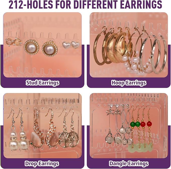 360° Rotating Jewelry Organizer Stand with 5 Layers,Acrylic Earring Holder Organizer Stand,212 Holes and 212 Grooves for Studs,Dangly Earrings,Chains,Bracelets,Necklace