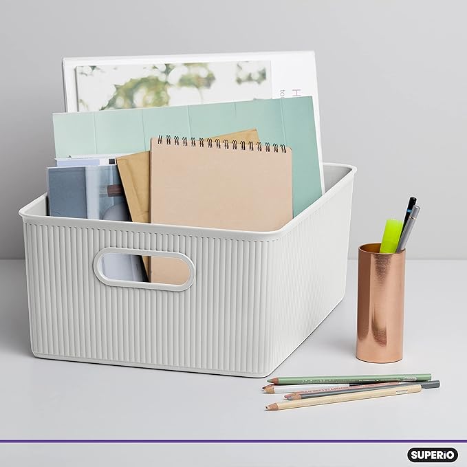 Superio Ribbed Collection - Decorative Plastic Basket Open Home Storage Bins Organizer, Large White (1 Pack) Container Boxes for Organizing Closet Storage Bins for Shelves 15 Liter/16 Quart