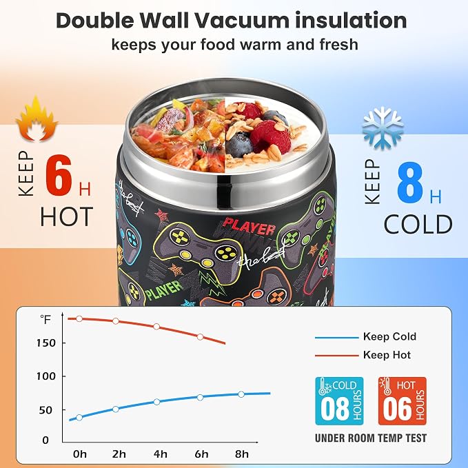 Howeemo 17oz Soup Thermo for Hot Food Kids,Insulated Food Jar with Spoon,Thermo Hot Food Lunch Container,Wide Mouth Leakproof Stainless Steel Lunch Box for School-Black Game