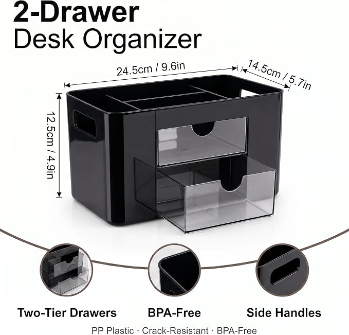 Black Desk Organizer with Drawers, 4 Slots, Side Handles, Pen Holder | Desktop caddy for office supplies, makeup brushes, art & vanity | 5 compartments, 2 pull-out drawers, built-in side handles