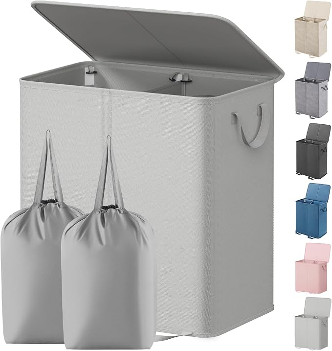 Lifewit Double Laundry Hamper with Lid and Removable Laundry Bags, Large Collapsible 2 Dividers Dirty Clothes Basket with Handles for Bedroom Laundry Room Closet Bathroom College, 155L Silver Gray