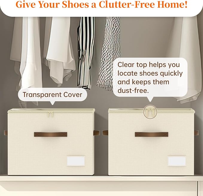 Shoe Organizer for Closet, 2 Pack Shoe Organizer with Clear Cover, Closet Shoe Storage Containers w/Adjustable Dividers, Foldable Storage Bins for Shoes, Fits 16-32 Pairs, Beige