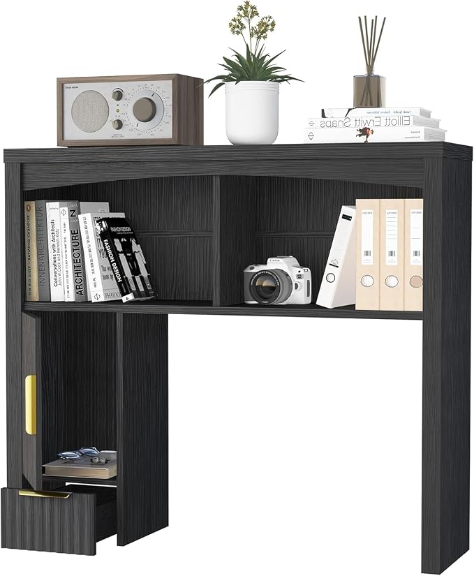 Desk Hutch Shelf, Desktop Shelf Organizer 37 inch Wide Desktop Bookshelf 2-Tier Wood Hutch Bookcase Organizer with Drawer Dorm Table Shelves Desk Shelves Office Bookshelf with Storage-Black