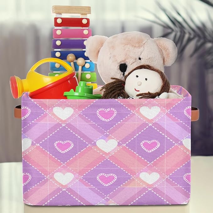 Rectangular Storage Baskets Pink Heart Diamond Fabric Storage Bin Toy Organizer Box with PU Leather Handles for Room Decor