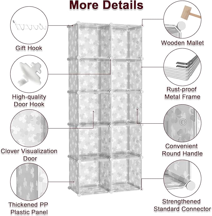 C&AHOME Cube Storage Organizer with Doors, 10-Cube Shelves, DIY Plastic Modular Bookshelf, Closet Clothes Storage Shelving Ideal for Bedroom, Living Room, Clover Embossed, White