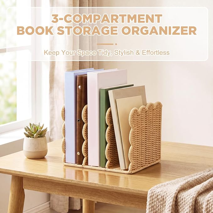 Suzile Scalloped Woven Magazine File Holder, 3-Compartment Imitation Rattan Desk Organizer Vertical Bookends Organization for Office, Binders, Documents, Tablets, Books(8.46 x 7.28 x 6.5 Inches)