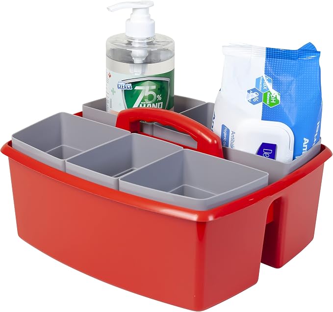 Storex Large Classroom Caddy with Cups, 13 x 11 x 6.575 Inches, Red, Case of 2 (00981A02C)