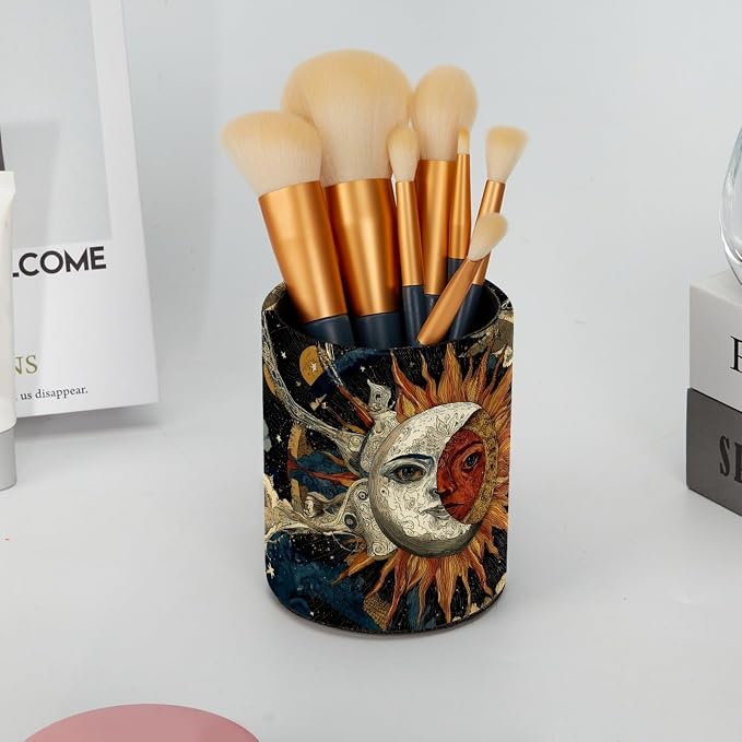 Retro Sun Pattern Pen Holder Pencil Organizer for Desk, 3.1” x 3.1” x 3.9” Pencil Cup Office Supplies, Large Capacity Cute Pen and Makeup Brush Holder for Home, School, Desktop