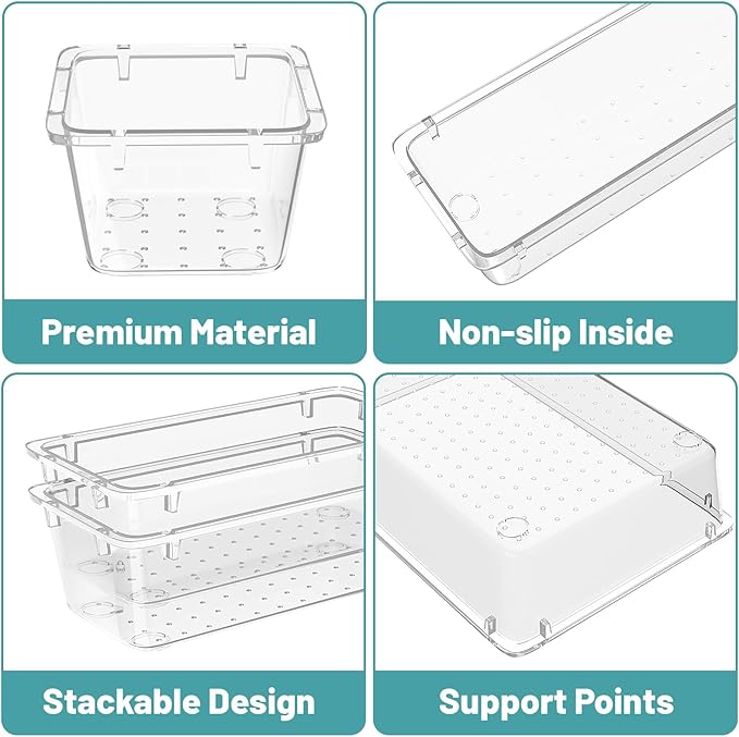 WOWBOX 40 PCS Clear Plastic Drawer Organizer Set, 4 Sizes Desk Drawer Organization and Storage Containers for Makeup, Cosmetics, Jewelry and Gadgets in Kitchen, Bathroom, Bedroom, Office, Clear