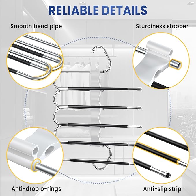 DAMITA Pants Hangers Space Saving - 4 Pack 5 in 1 Layers No Need Installation - Stainless Steel Metal Jeans Hangers - White Closet Organizers and Storage Anti-Slip Design for Pants Scarf Legging