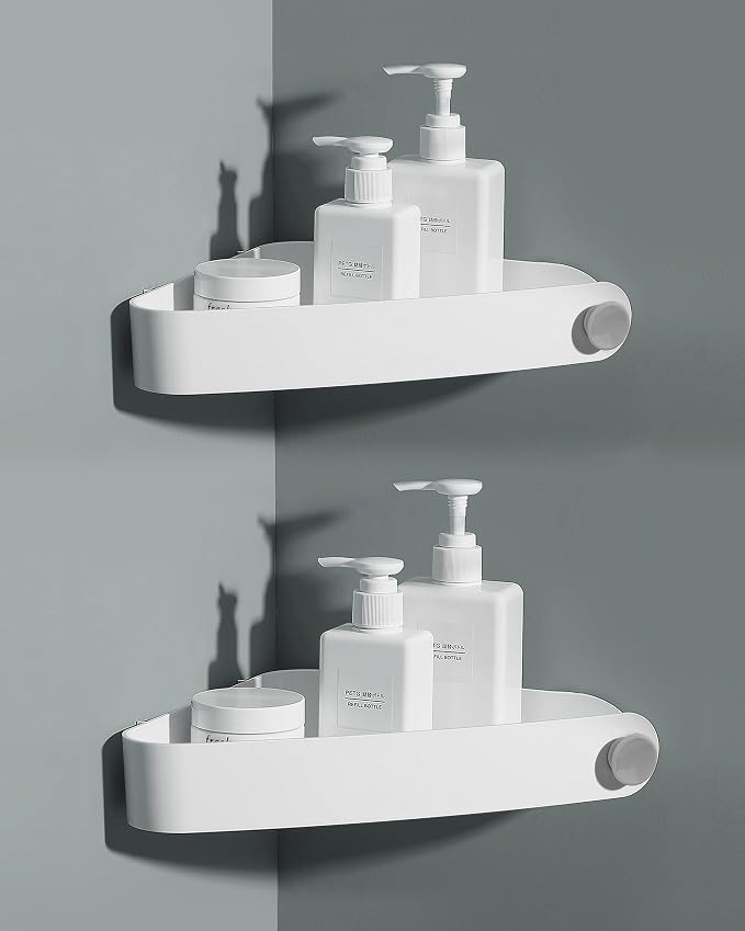Sotfamily Plastic Shower Caddy Corner (for 90° Only), 2 Pack, White | Adhesive Corner Shower Shelves for Bathroom Organizers and Storage, Bathroom Decor