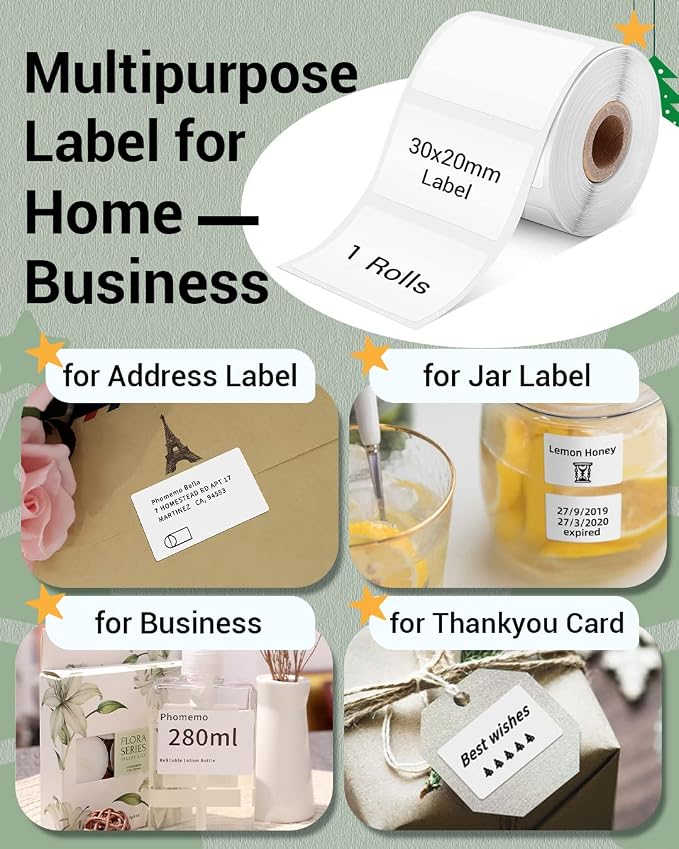 Phomemo Thermal Labels, 1.18" x 0.79", for M110/M100/M220/M108, 300 PCS | Square 30×20mm Name Thermal Stickers for Kids & School, 1 Roll, for Barcode, Logo, Business, Home, Peptide Vial, White