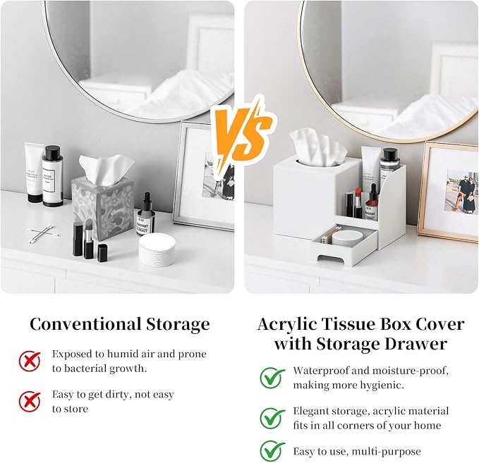 Chintu Makeup Brush Tissue Holder, Acrylic Makeup Organizer, Desk Organizer for Dorm, Bathroom Drawer Organizers and Storage, Countertop Makeup and Tissue Organizer Vanity, White