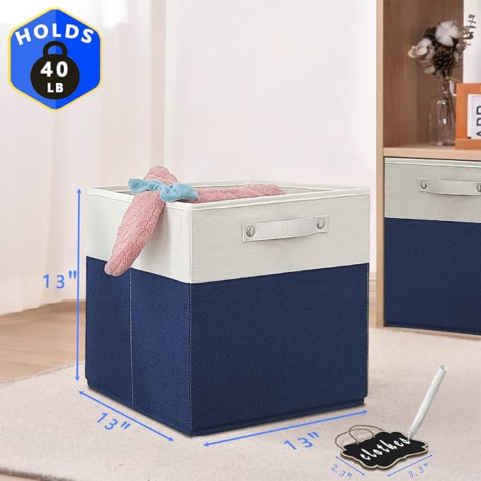 13x13x13 Inch Large Foldable Fabric Linen Cube Storage Bins【4-pack】, with Cotton Handles Closet Bins for Cabinet Shelves Home Organization and Storage bins(White&blue)