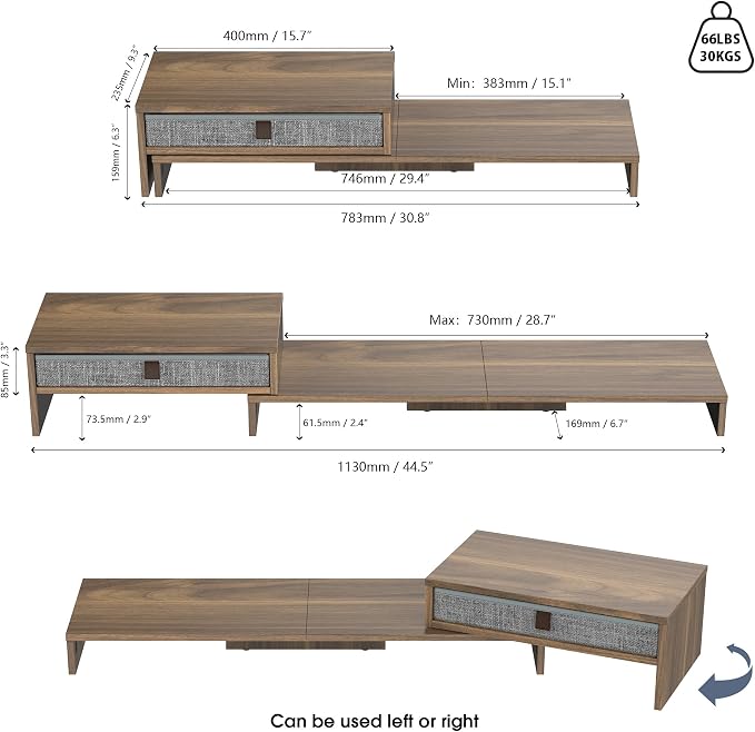 Fenge Triple Monitor Stand with Srorage Drawer, Adjustable Length and Angle | Computer Monitor Riser for 2 or 3 Monitors, Wooden Desktop Laptop Stand, Office Organizer for PC, Screen, Tablet, Brown