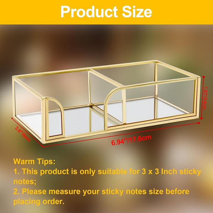Glass Sticky Note Holder,2 Slots Gold Post It Note Dispenser for Desk,3 x 3 Inch Post It Note Holder, Stylish Sticky Note Dispenser for Home Office Desk Table Drawer