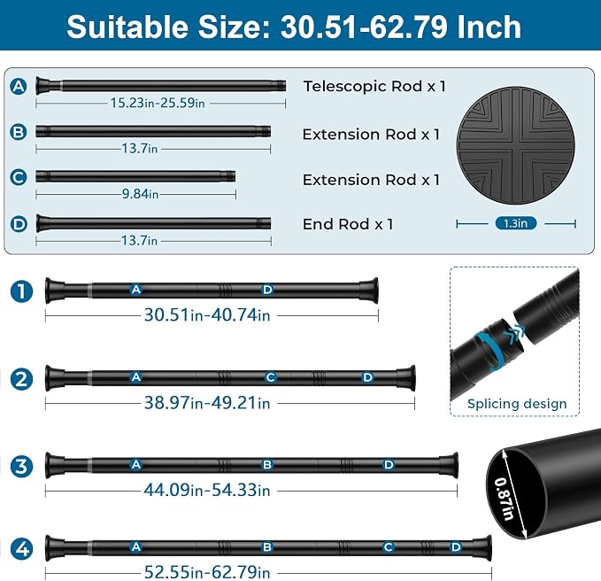 2Pcs Tension Curtain Rod,31-62 Inches Black Shower Rod | No Drilling Installation,11 lbs Max Load,7/8inch Spring Rod Diameter, Adjustable for Doorway, Closet, Kitchen,Bathroom