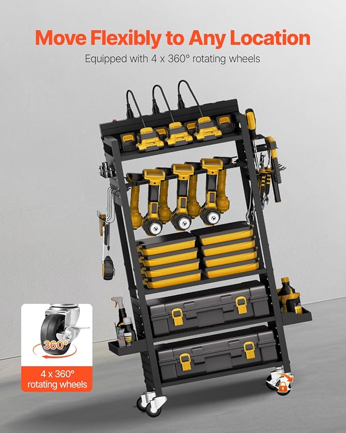 VEVOR 5-Tier Tool Organizer Cart with Charging Station, 8 AC Outlet, Floor Stand Rolling Drill Holder and Tool Battery Storage Rack on Wheels, Garage Floor Rolling Storage Cart for Workshop, Garage