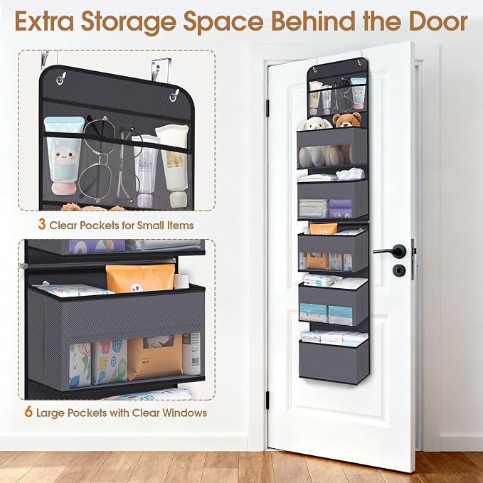 WISELIFE 6-Tier Over The Door Organizer Storage Detachable Design Door Hanging Storage Organizer with Clear Window Behind The Door Storage for Nursery Bedroom Bathroom Pantry Closet Dark Grey