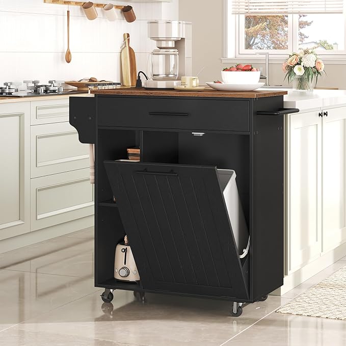HOOBRO Kitchen Island with Trash Can Storage, Rolling Kitchen Island on Wheels, Mobile Island Cart with Power Outlet, Islands Table for 10 Gallon Garbage Bin, Rustic Brown and Black BF80UZD01G1