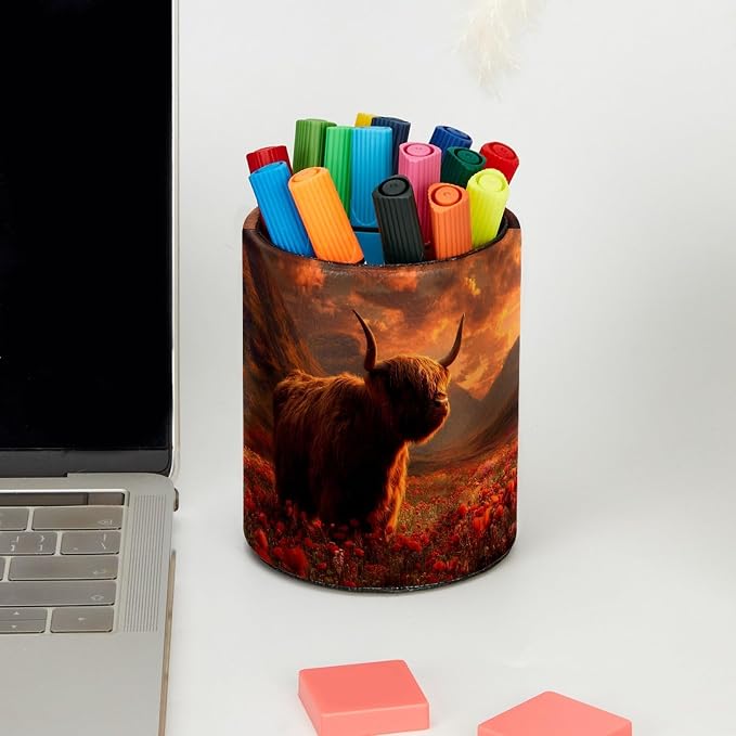 Highland Cow and Red Florals Pen Holder Pencil Organizer for Desk, 3.1” x 3.1” x 3.9” Pencil Cup Office Supplies, Large Capacity Cute Pen and Makeup Brush Holder for Desktop, Home, School