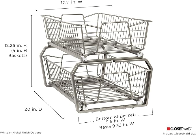 ClosetMaid 11 in. Pull Out Cabinet Organizer, 2 Tier, Heavy Duty, Slide Out Pantry Shelves Drawers for Kitchen, Bathroom, White