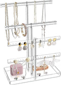 Acrylic Jewelry Organizer Stand with Tray, 4-Tier 14" Tall Tangle-Free Clear Jewelry Display Holder for Hanging Long Necklaces & Bracelets, 40 Earring Holes, Tower Tray Storage for Rings Watch Perfum