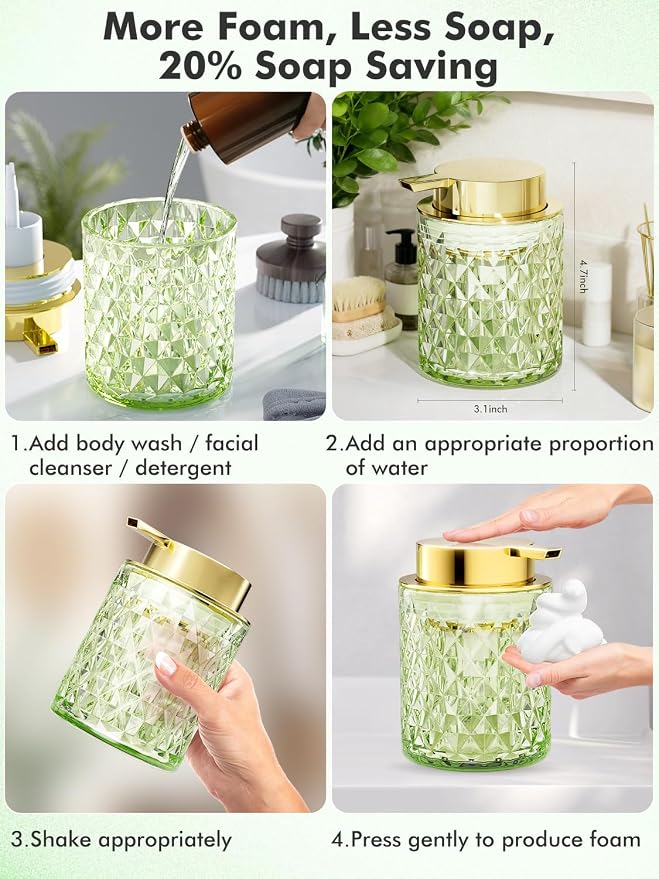 Bathroom Accessory Set, Foaming Soap Dispenser, Glass Hand Foaming Soap Dispenser, Refillable Pump Bottles for Liquid or Lotion, Crystal Decorative Handwash Dispenser for Bathroom, Kitchen,Green