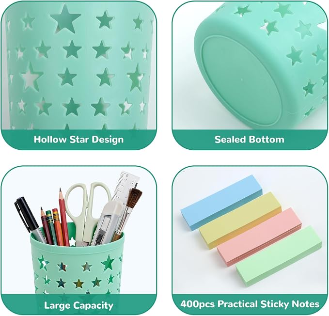 5Pack Pen Holder for Desk Pencil Holder Hollow Star Pen Pencil Cup Office Desk Organizers Accessories Makeup Brush Organizer with 400Pcs Sticky Notes for Office Classroom Home Crafts Supplies