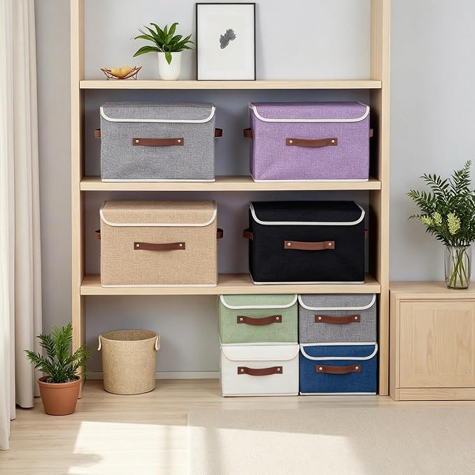 2PCS Collapsible Storage Boxes Baskets with Lid Cotton Linen Fabric Storage Bins with Faux Leather Handles Washable Cube Organizer Container for Home Closet Bedroom Purple Small Size