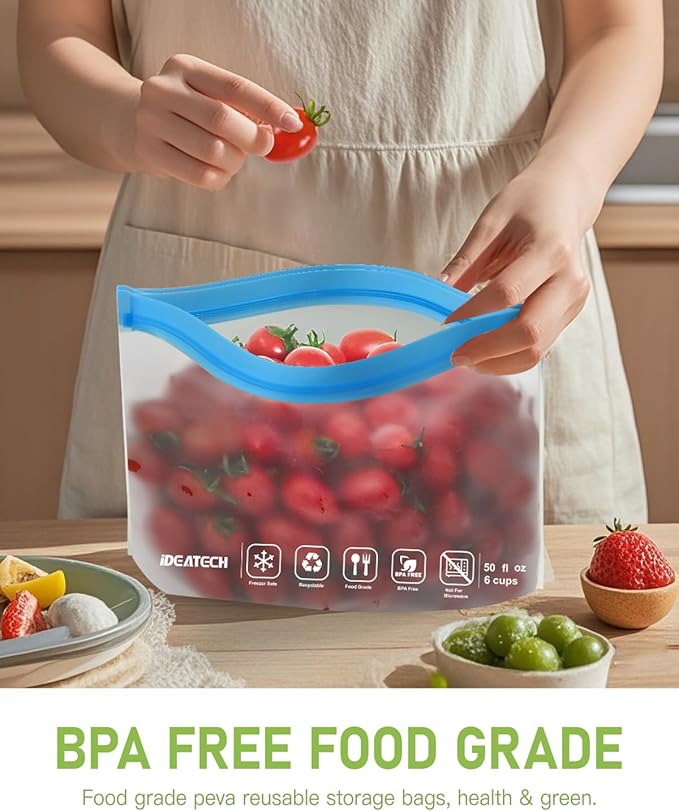 IDEATECH 12Pack Food Storage Bags Dishwasher Safe, BPA Free Reusable Snack Bags, Leakproof Reusable Gallon Freezer Bags for Lunch,Travel(2Gallon 4Quart 4Snack, Colored)