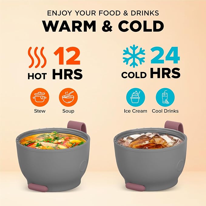 ENERGIFY Vacuum Insulated Food Jar. Large 17oz Bowl incl. Folding Spoon, Cup. Wide Mouth Keep Hot & Cold Drinks Soup Lunch Container for Adults. BPA-Free Stainless Steel, Leak Proof Rose Gold