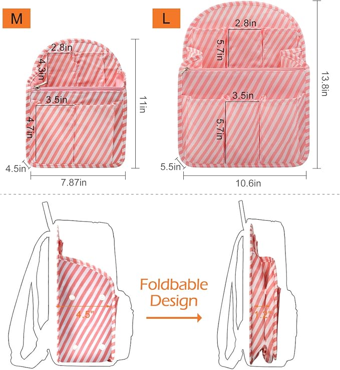 Surblue Backpack Organizer Insert Liner Hanging Travel Rucksack Purse and Handbag Insert Pocket, High-capacity Divider Foldable Nylon Shoulder Bag Organizer for Men and Women, (Pink, M)