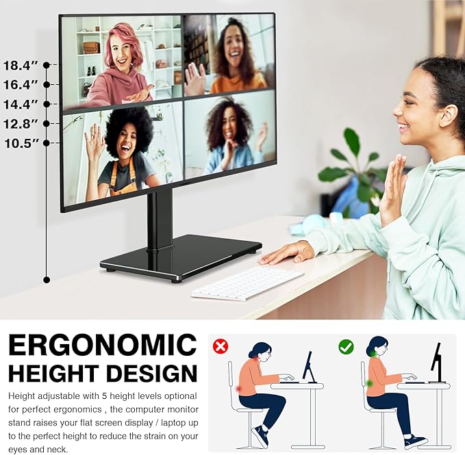 TAVR Furniture Single Monitor Stand VESA Mount for 13-32 Inch Screens | Free-Standing Monitor Riser with Swivel Tilt Rotation Height Adjustable, Universal Desk Stand up to 44lbs, Black