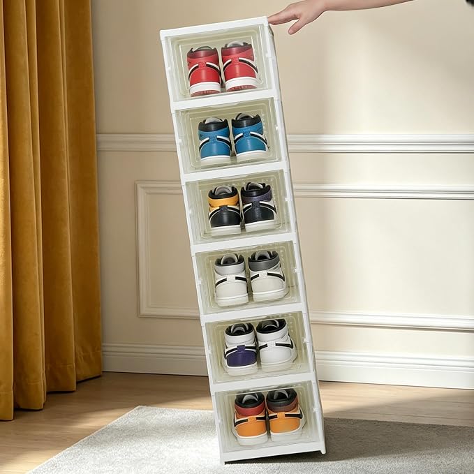 6 Tier Collapsible shoe rack, Drop front shoe box, White | No Assembly, Stackable, Clear Door, Plastic with Lids, Drop Front , Foldable Shoe Storage Box, shoe bin for entryway,