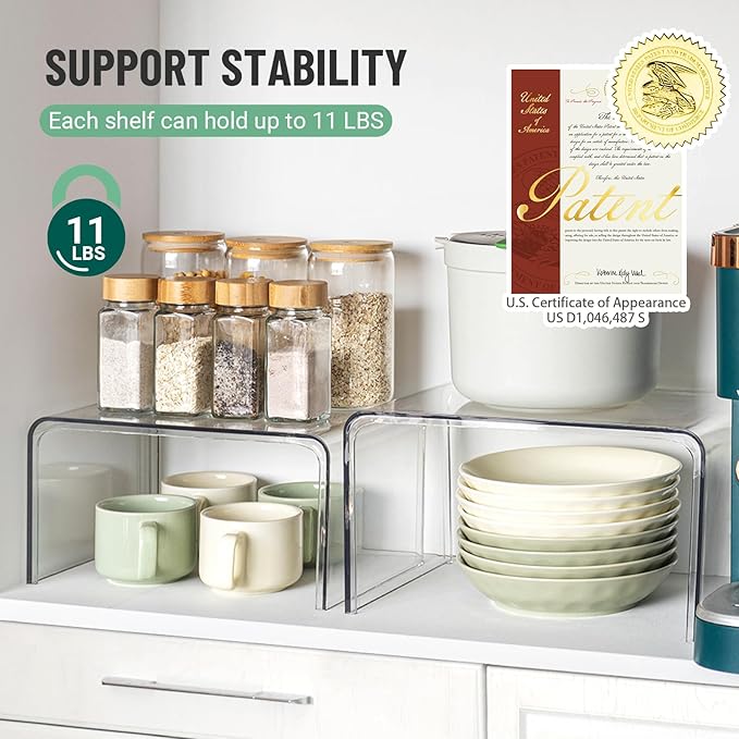 Clear Cabinet Organizer, Shelf Organizer Set of 2 for Kitchen Pantry Organizers and Storage, Display Cabinet Shelf Room Decor Countertop Desk Shelves, Patented Spice Organization for Cabinet