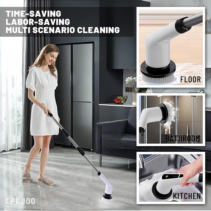 Electric Spin Scrubber- Ditch the Scrubbing! Long Handle Shower Scrubber with 9 Replaceable Heads - 2 Speed Cordless Brush Ensures Long Battery Life, Modern Design! (Black)