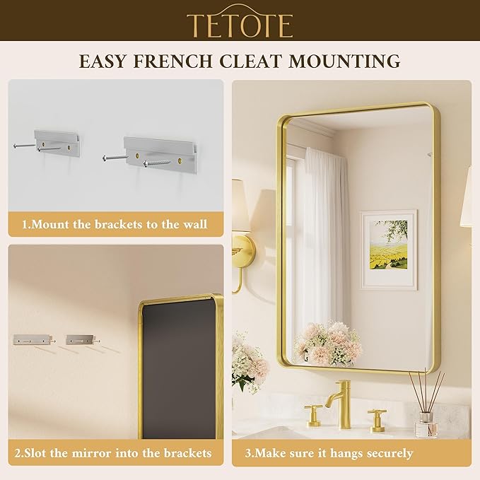 TETOTE Gold Framed Mirror for Bathroom, 22 x 30 Inch Vanity Mirror for Wall, Brushed Brass Rectangle Round Corner Entry Way Golden Frame Mirror 2 Inch Thick Frame(Horizontal/Vertical)
