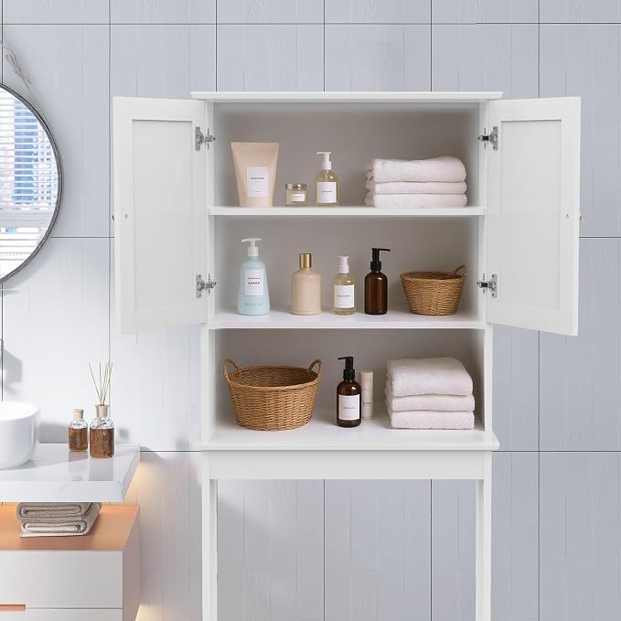 Over Toilet Storage Cabinet with Barn Door & Adjustable Shelves | 24 Inch Wide Bathroom Organizer, Space-Saving, Sturdy Wood, Anti-Tipping, Easy Assembly, for Restroom, Laundry, Small Spaces