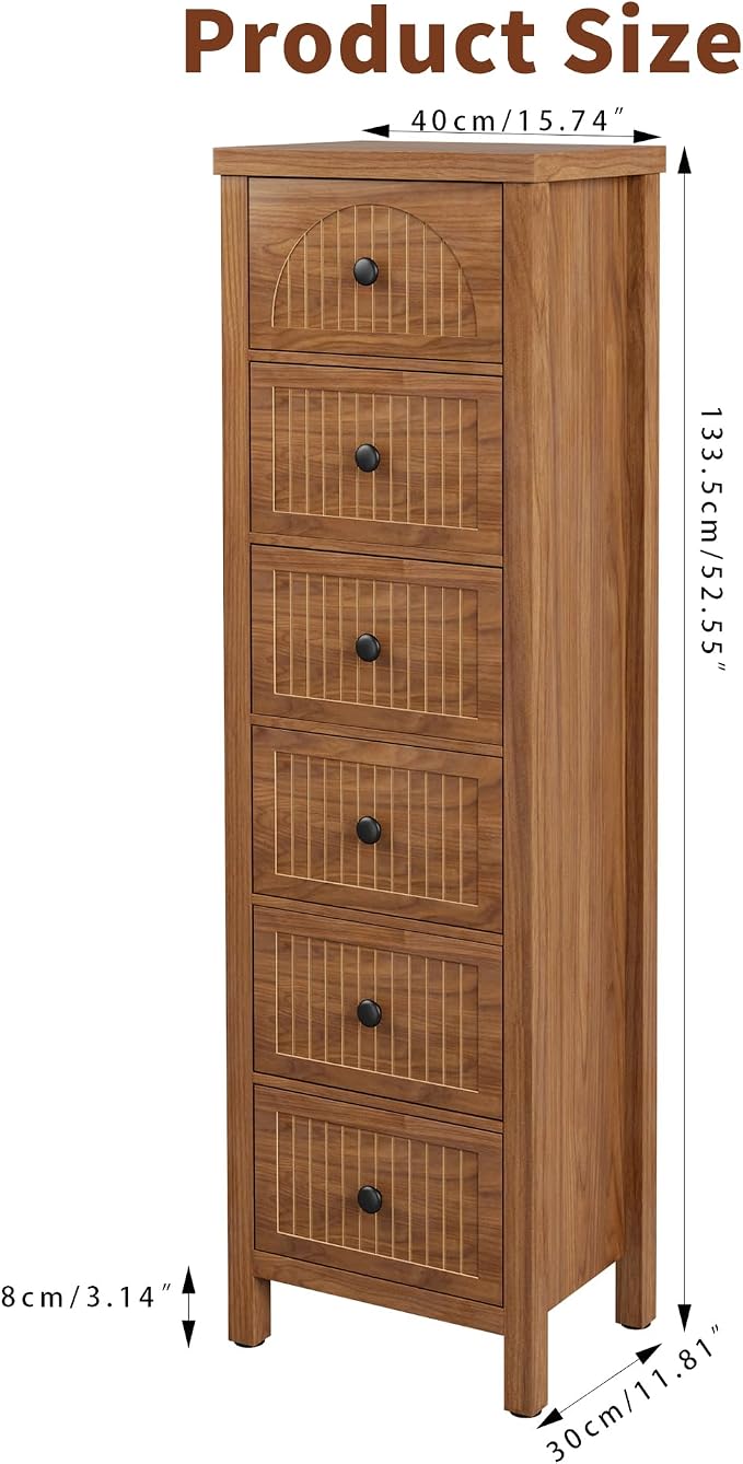 Lxsxlome 6 Drawer Dresser for Bedroom,Modern 52.55'' Tall Wood Chest of Drawers, Storage Organizer with Fluted Panel & Anti-Tip Kit for Closet, Hallway, Living Room,Nursery (Walnut, 6 Drawers)