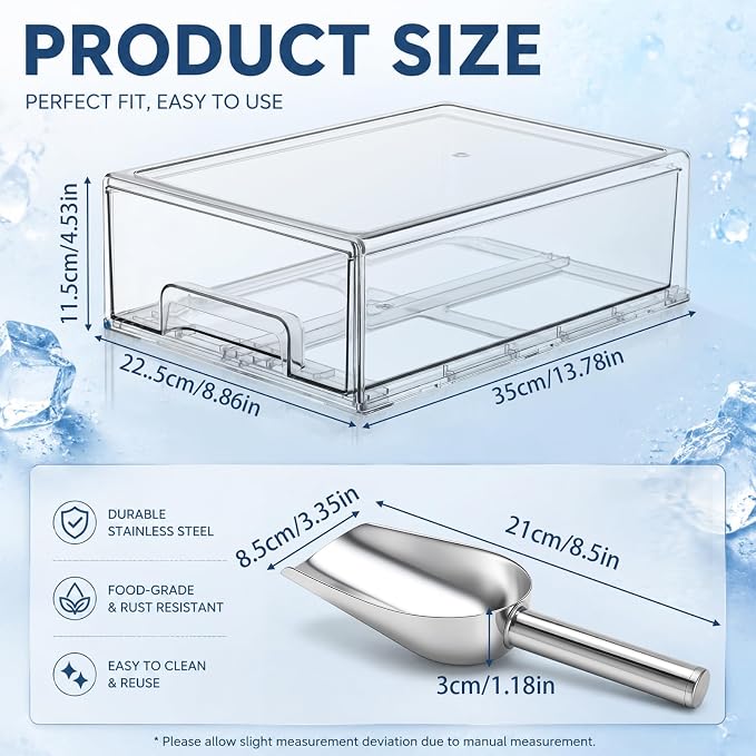 Havawish 1 Set Ice Container for Freezer with Scoop, Ice Storage Bin with Lid, Pull out Freezer Bin Organizer for Refrigerator, Clear Stackable Holder, Large 13.78 x 9.25 x 4.33 Inch