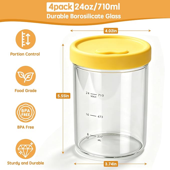 24oz Glass Soup Freezer Containers, 4Pcs Borosilicate Glass Soup Container with Vented Silicone Airtight Lid, Microwave & Freezer Safe Jars, Circular Meal Prep Storage for Stew, Sauc, Leftover