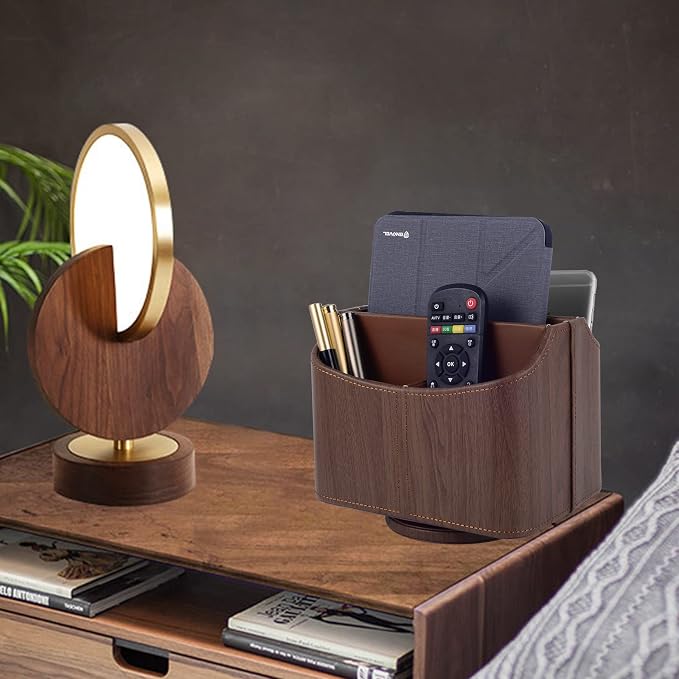 Brown 360 Degree Swiveling TV Remote Control Holder/Caddy, Leather Desk Organizer for Office and Home Furniture Decoration Storage Box(Dark wood grain)